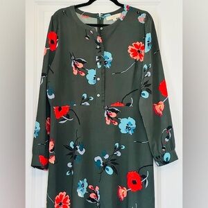 LOFT Dress Dark Grey Cheerful Bright Red Blue Floral Ruffle LS Flare Sz 14 L
